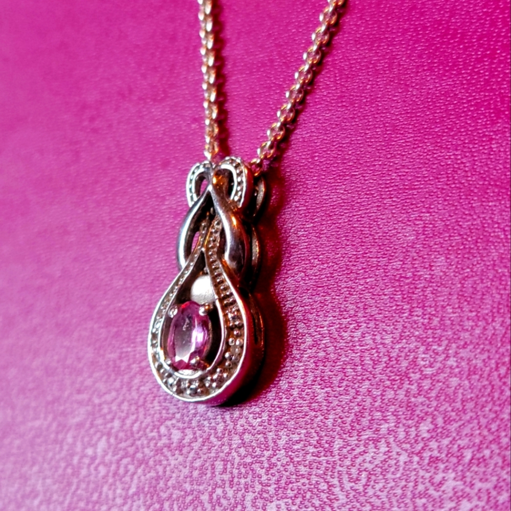 Vintage Pink Topaz and Diamond Accent Sterling Silver Pendant on Silver Chain.